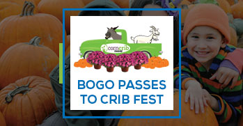 crib fest at corn crib graphic with truck, donkey, pumpkins, and flowers